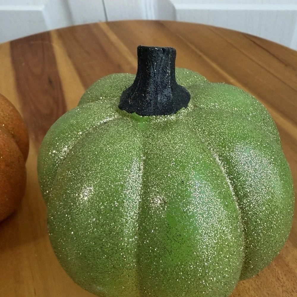 Hobby Lobby Orange Green Set Of 2 Table Decor Pumpkins Fall Halloween Sparkly